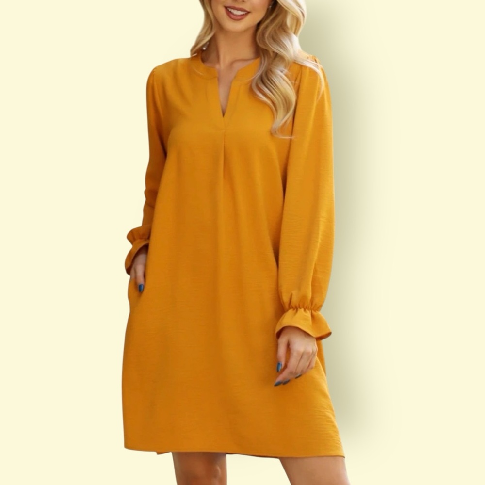 Boutique Sunny Marigold Comfy Long Sleeve Shift Dress with Pockets S 4/6